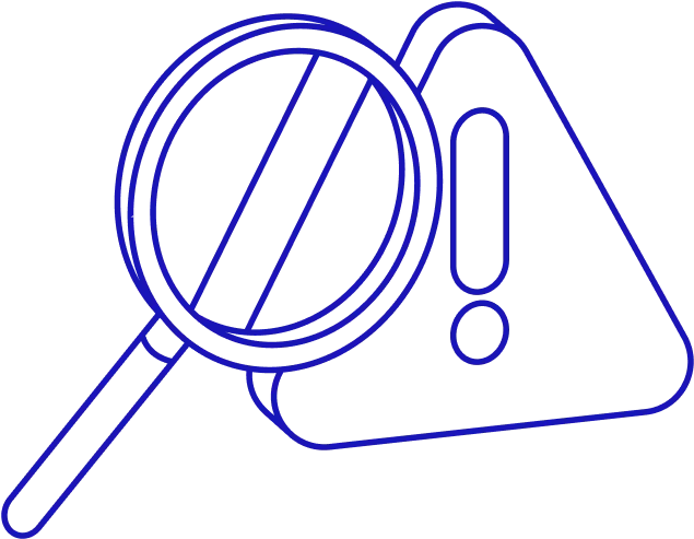 Outline of a magnifying glass over a warning triangle with an exclamation mark inside.
