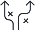 Two curved arrows with crosses indicating blocked or wrong paths.