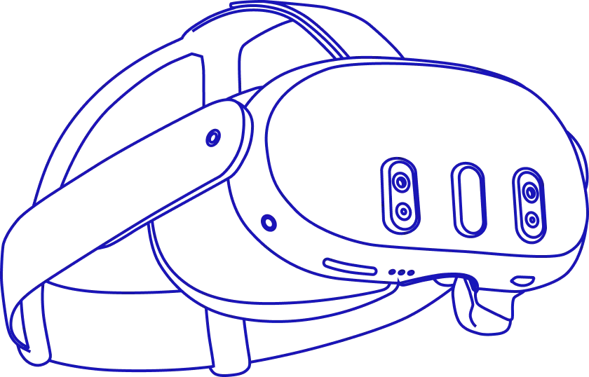 Outline illustration of a virtual reality headset with straps and front-facing sensors.