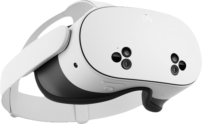 White virtual reality headset with black lenses and adjustable straps.
