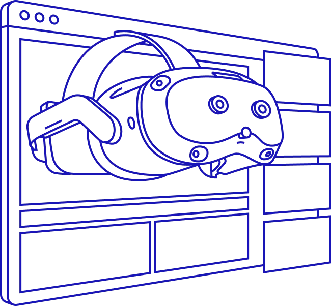 Blue line drawing of a virtual reality headset emerging from a computer screen with interface panels.