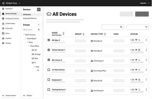 User interface showing a device management dashboard listing multiple VR devices by name, group, type, tags, and status with options to toggle and manage them.
