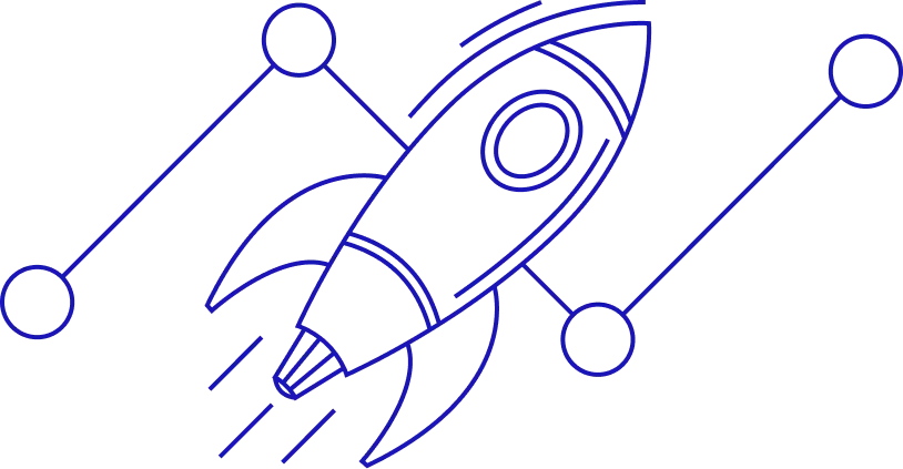 Line drawing of a rocket ship with trajectory path and connected dots indicating motion or progress.