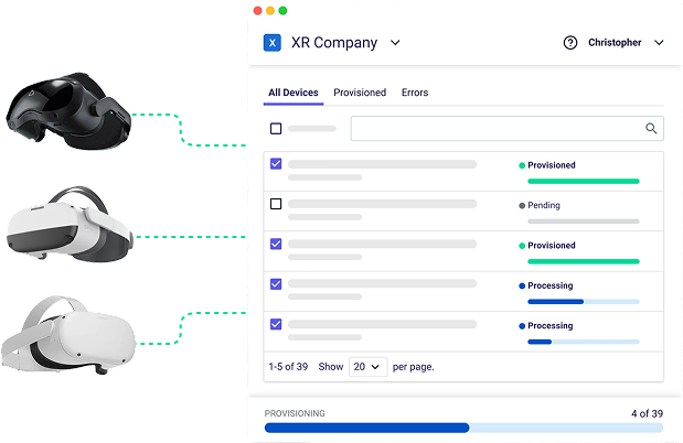 Dashboard of XR Company showing provisioning status of VR headsets with three headset images connected by dotted lines to corresponding device statuses like Provisioned, Pending, and Processing.