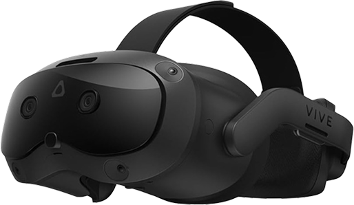 Black HTC Vive virtual reality headset with straps.
