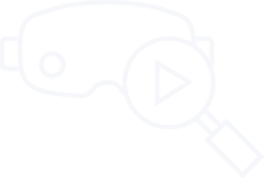 VR headset with a magnifying glass showing a play button inside it.