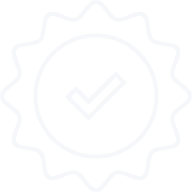 White checkmark inside a circle with a scalloped edge resembling a badge or seal on a black background.