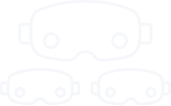 White line drawing of three VR headsets on a black background, one larger above two smaller ones side by side.