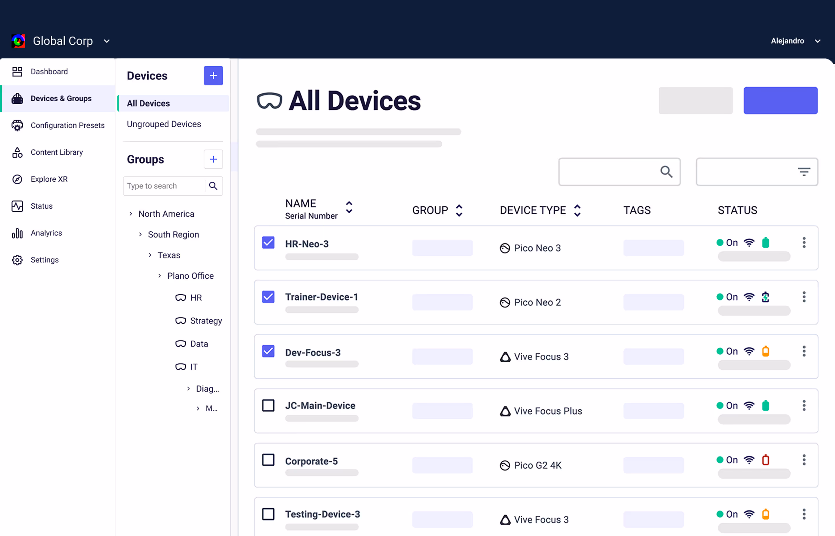 Dashboard interface showing a list of VR devices with their names, groups, device types, tags, and status including battery and connectivity icons.