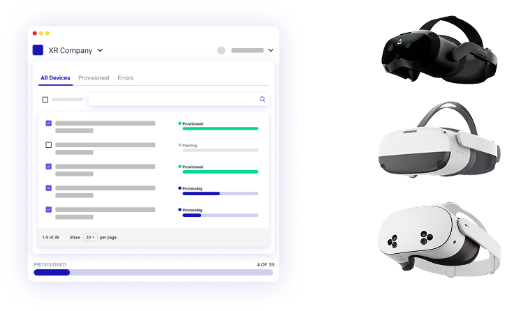 User interface displaying XR Company device list with provisioning status connecting to three different virtual reality headsets.