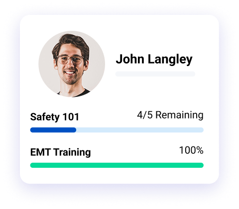 Profile photo of a smiling man with glasses identified as John Langley, showing progress bars for Safety 101 with 4 of 5 remaining and EMT Training completed at 100%.