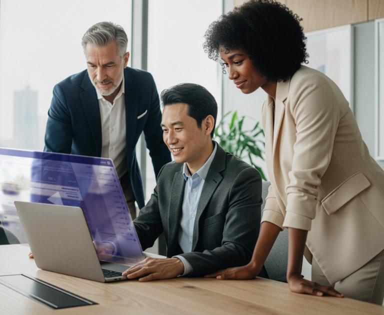 Three business professionals gathered around a laptop collaborating in a modern office.