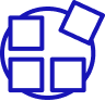 Blue icon depicting three squares connected by lines in a fragmented arrangement.