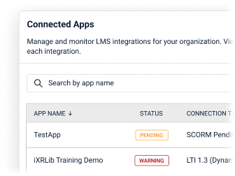 Interface showing connected apps with a search bar, listing TestApp with status Pending and iXRLib Training Demo with status Warning.
