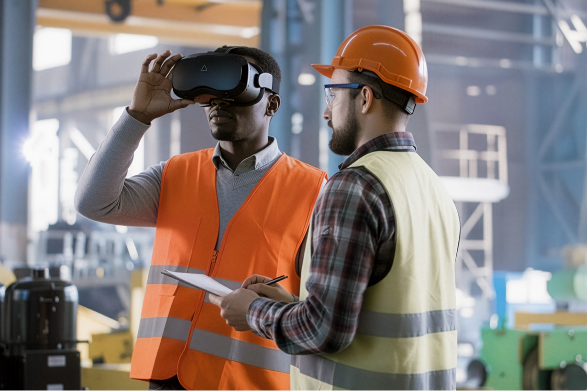 Two factory workers wearing safety vests and helmets, one using a virtual reality headset and the other holding a clipboard and pen.