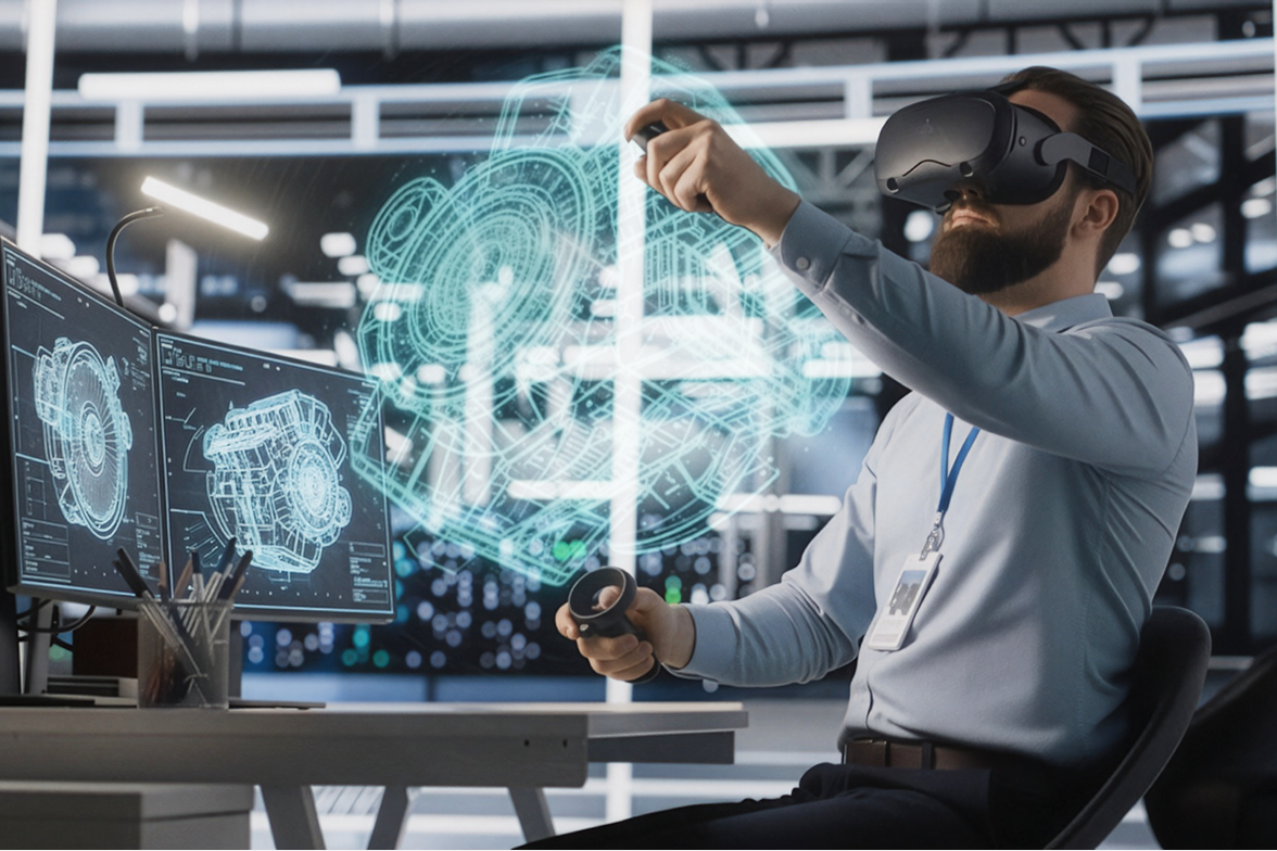 Man wearing virtual reality headset manipulating a 3D mechanical design hologram in a modern office.