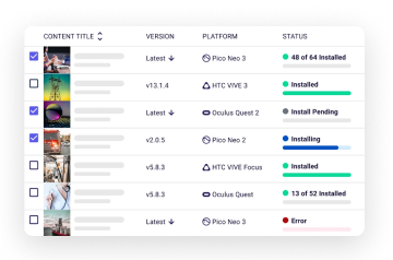 User interface showing a list of content titles with version, platform icons, and installation status including installed, installing, install pending, and error states.