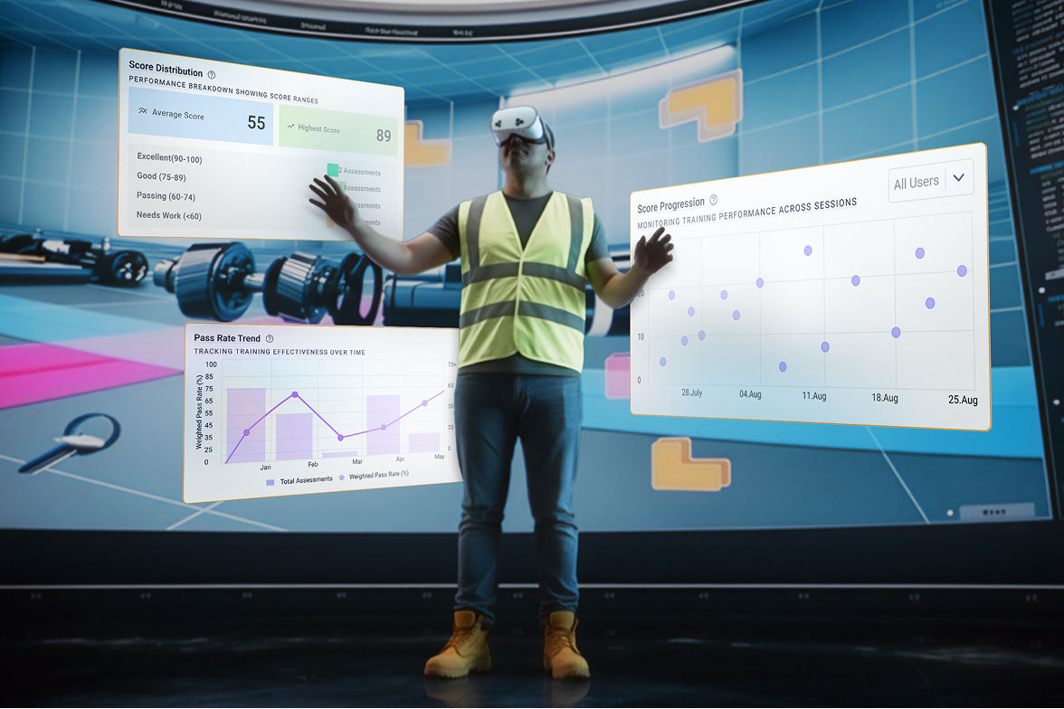 Person wearing VR headset and safety vest interacting with floating digital training performance charts in a gym-like environment.