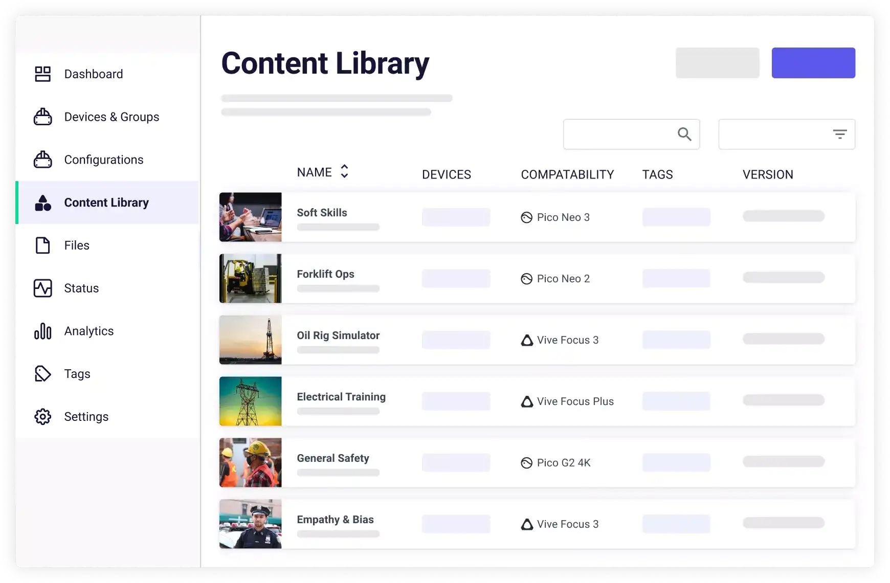 User interface of a content library showing a list of training modules with names, device compatibility, tags, and versions.