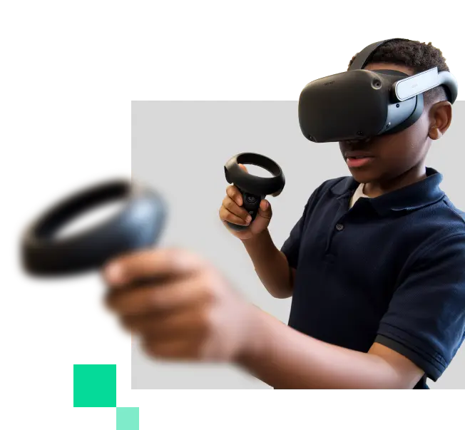 Boy wearing a virtual reality headset and holding two VR controllers in his hands.