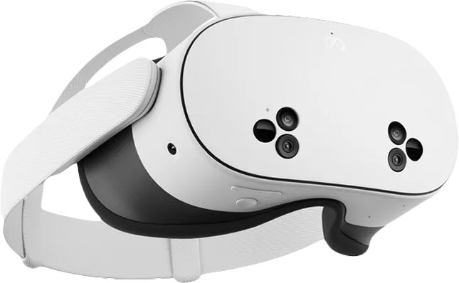 White virtual reality headset with black lenses and adjustable straps.