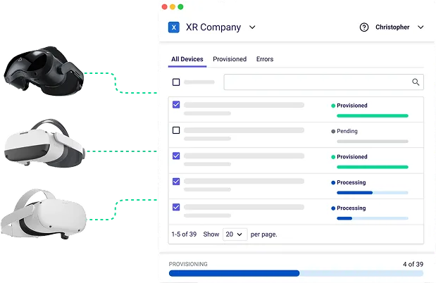 Dashboard of XR Company showing provisioning status of VR headsets with three headset images connected by dotted lines to corresponding device statuses like Provisioned, Pending, and Processing.