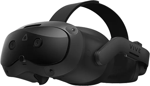 Black HTC Vive virtual reality headset with straps.