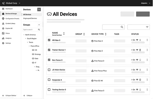 User interface showing a device management dashboard listing multiple VR devices by name, group, type, tags, and status with options to toggle and manage them.