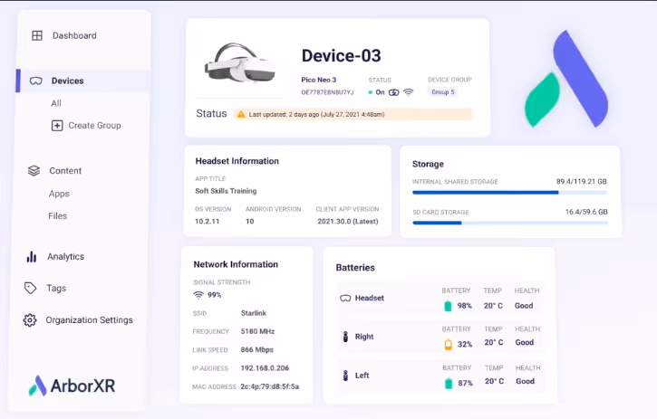 ArborXR platform managing a fleet of AR and VR devices