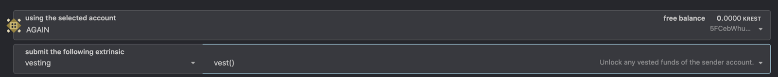 How to claim your vested $KREST: A view of the vesting extrinsic.