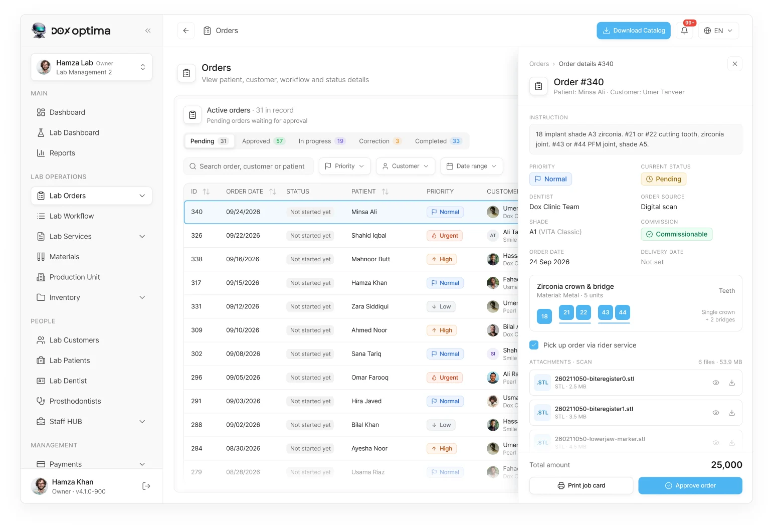 Order details with teeth, shade and scan files