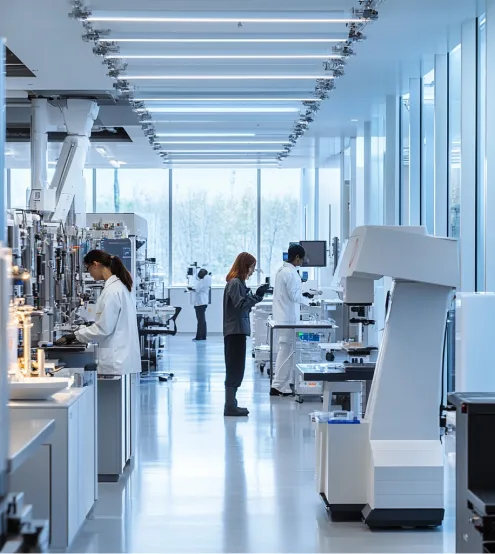 Modern laboratory with scientists working on various equipment in a spacious, well-lit room.