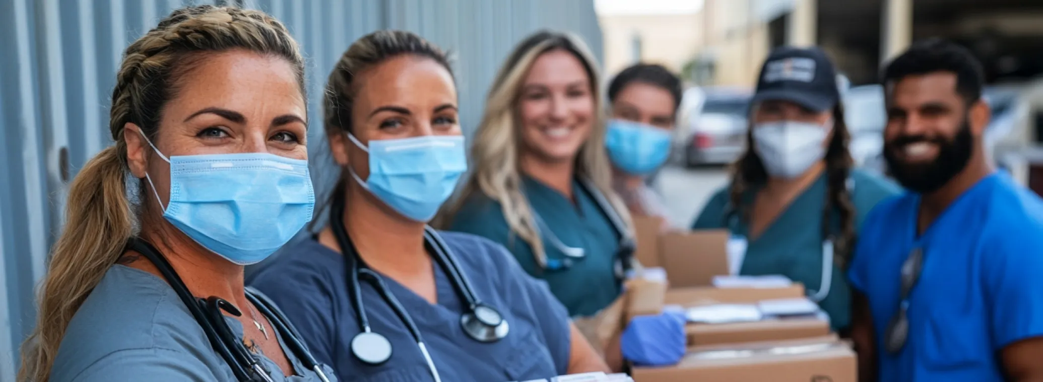 Group of healthcare workers wearing scrubs and face masks, standing outdoors with boxes in front of them.