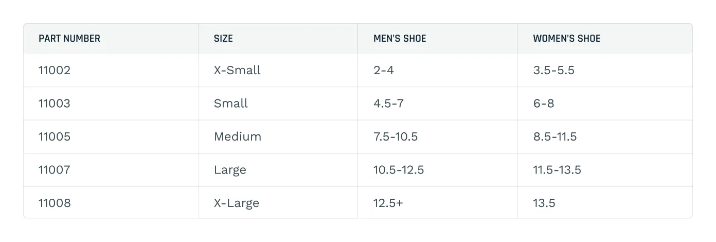 Size chart table listing part number, size, men's shoe sizes, and women's shoe sizes for X-Small to X-Large.