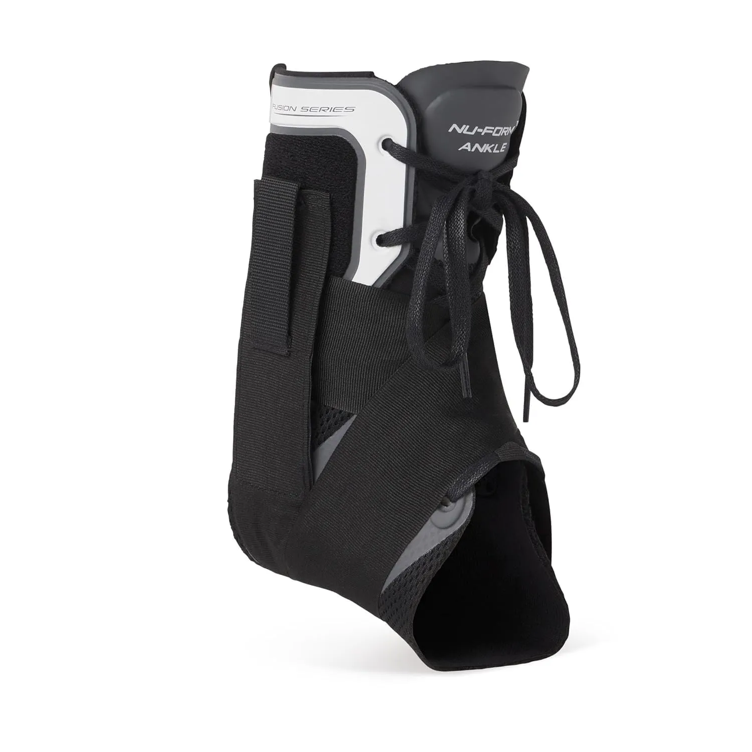 Black and gray ankle brace with laces and adjustable straps for support and stabilization.