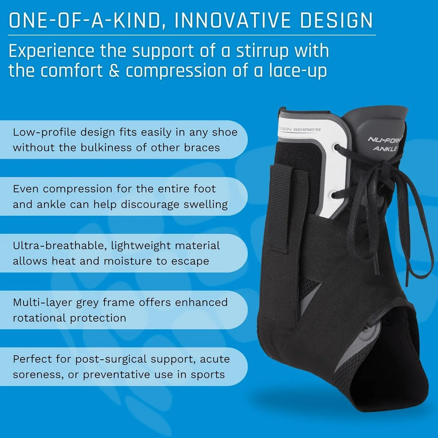 Black ankle brace with lace-up and strap on blue background highlighting features like low-profile design, even compression, breathable material, multi-layer grey frame, and suitability for post-surgical support and sports.