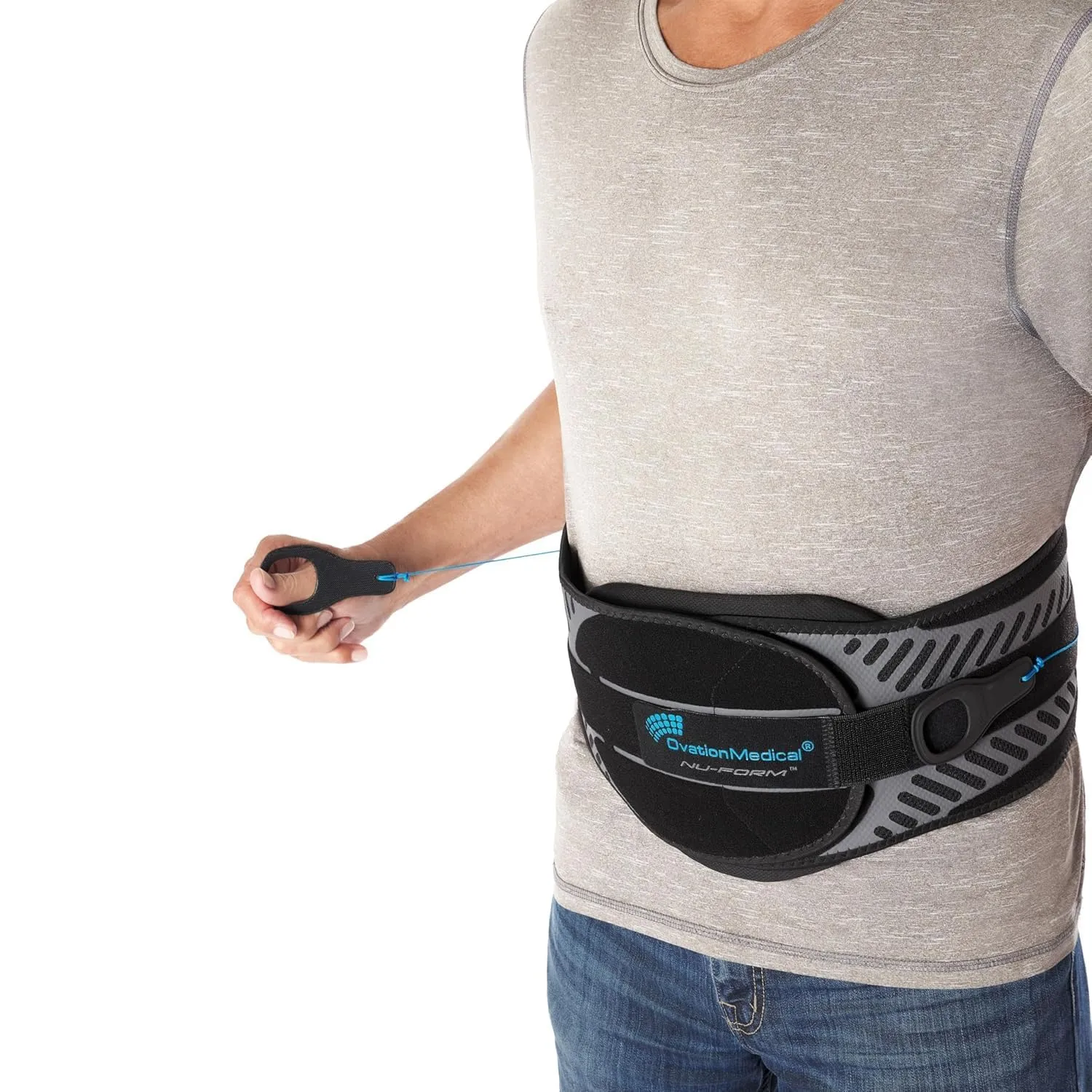 Person wearing an Ovation Medical NU-FORM back support belt with a hand loop and pull cord for adjustable compression.