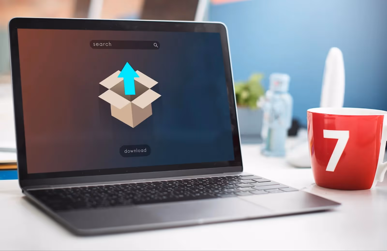 A laptop screen displaying a digital download box, representing seamless subscription-based product access. Ideal for businesses like Nector.io.