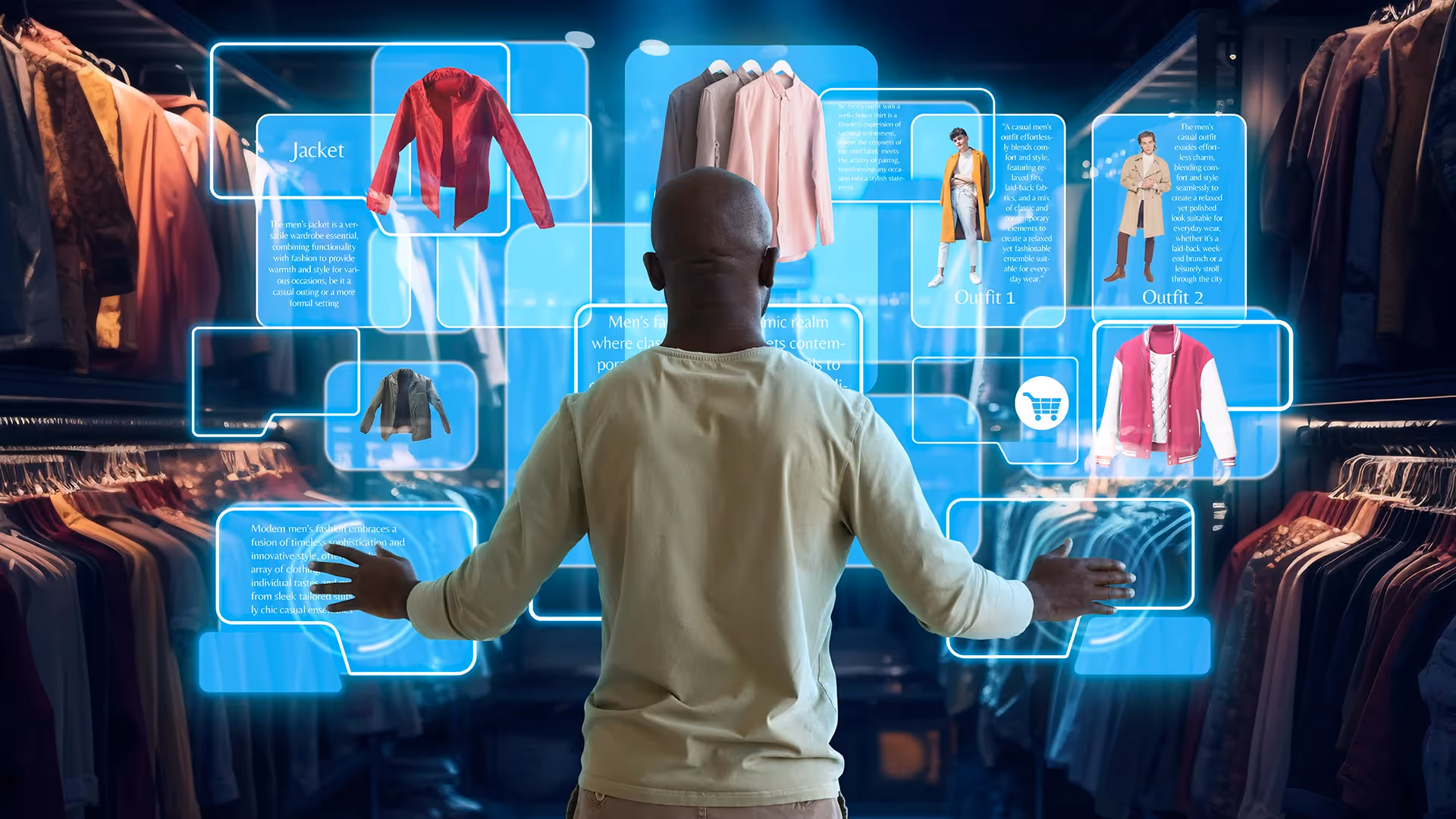 Futuristic AI-powered virtual shopping experience, featuring a man browsing digital fashion options in an interactive clothing store. eCommerce innovation by Nector.io