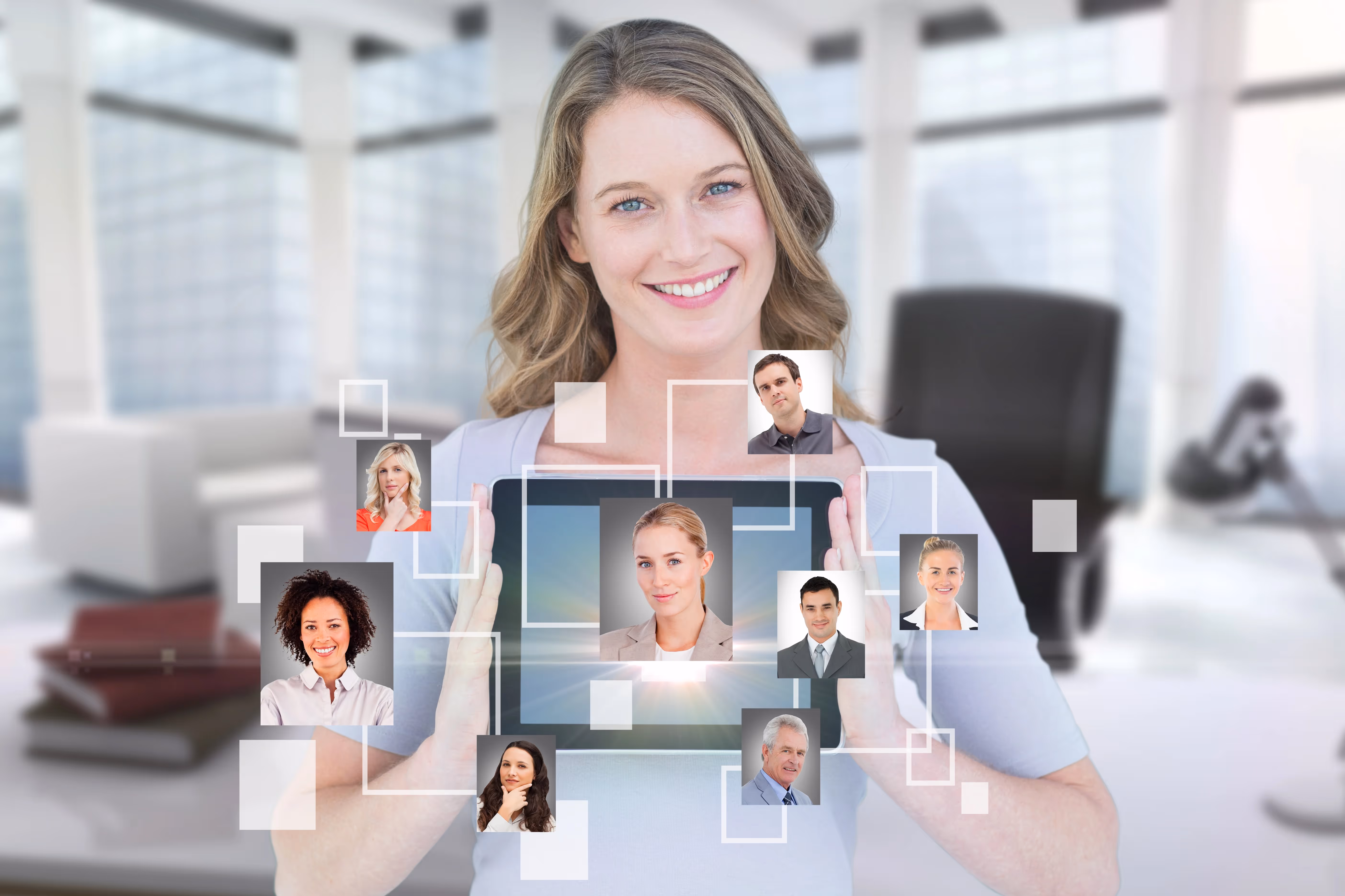 Business professional showcasing digital networking with multiple client connections, symbolizing B2B customer loyalty. Nector.io"