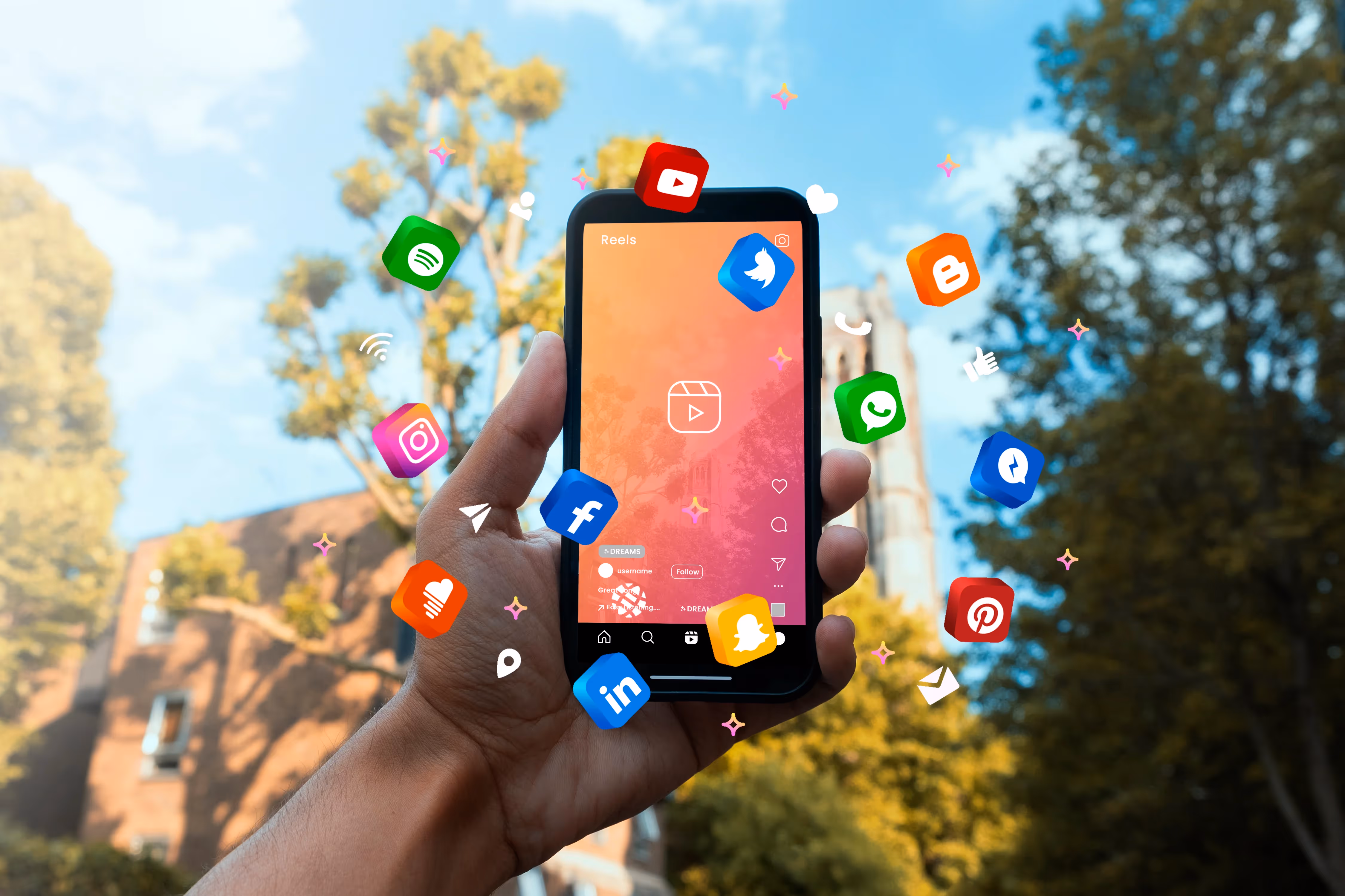 A hand holding a smartphone displaying social media reels, surrounded by floating social media icons like Facebook, Instagram, Twitter, and WhatsApp. Represents digital marketing, engagement, and social media influence with Nector-powered strategies.