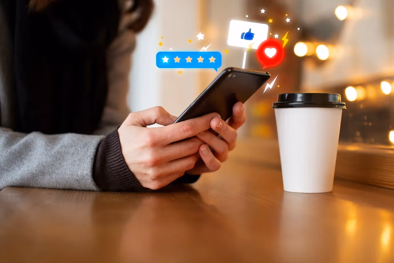 A person using a smartphone to leave a positive five-star review with thumbs up and heart icons while enjoying coffee at a cafe