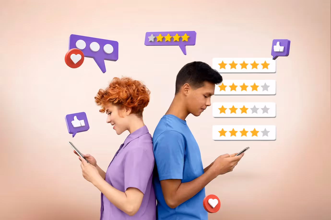Two people using smartphones with floating icons representing online user reviews, ratings, and social media interactions