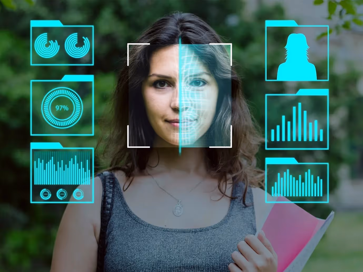 A young woman identified by facial recognition AI technology with biometric data visualizations