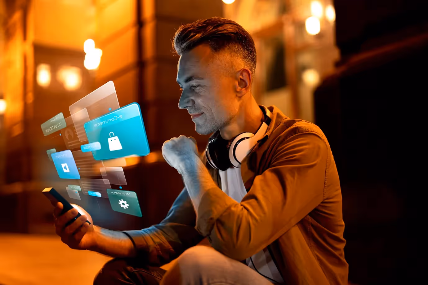 Man using smartphone with AI-powered digital e-commerce interface and floating tech icons