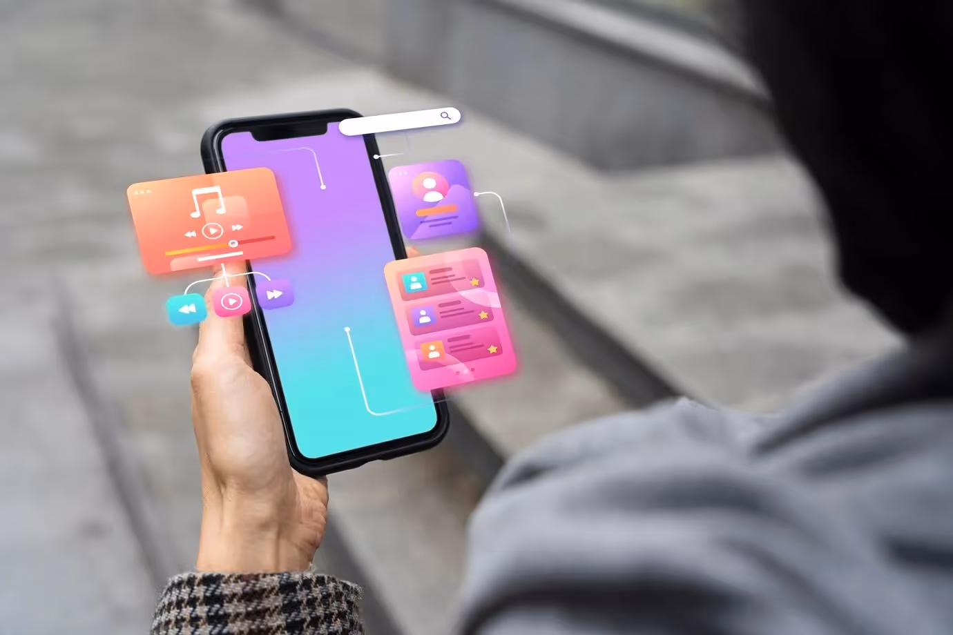 User holding smartphone with floating mobile interface icons showing music, user profiles, and digital experience tools