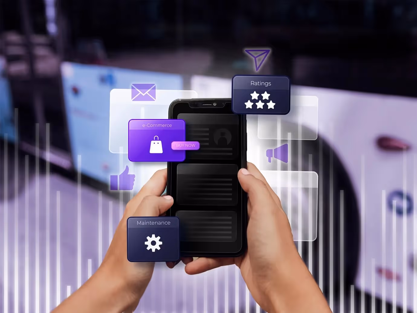 Hands holding smartphone with floating e-commerce icons, app interface showing ratings, maintenance, and digital shopping features