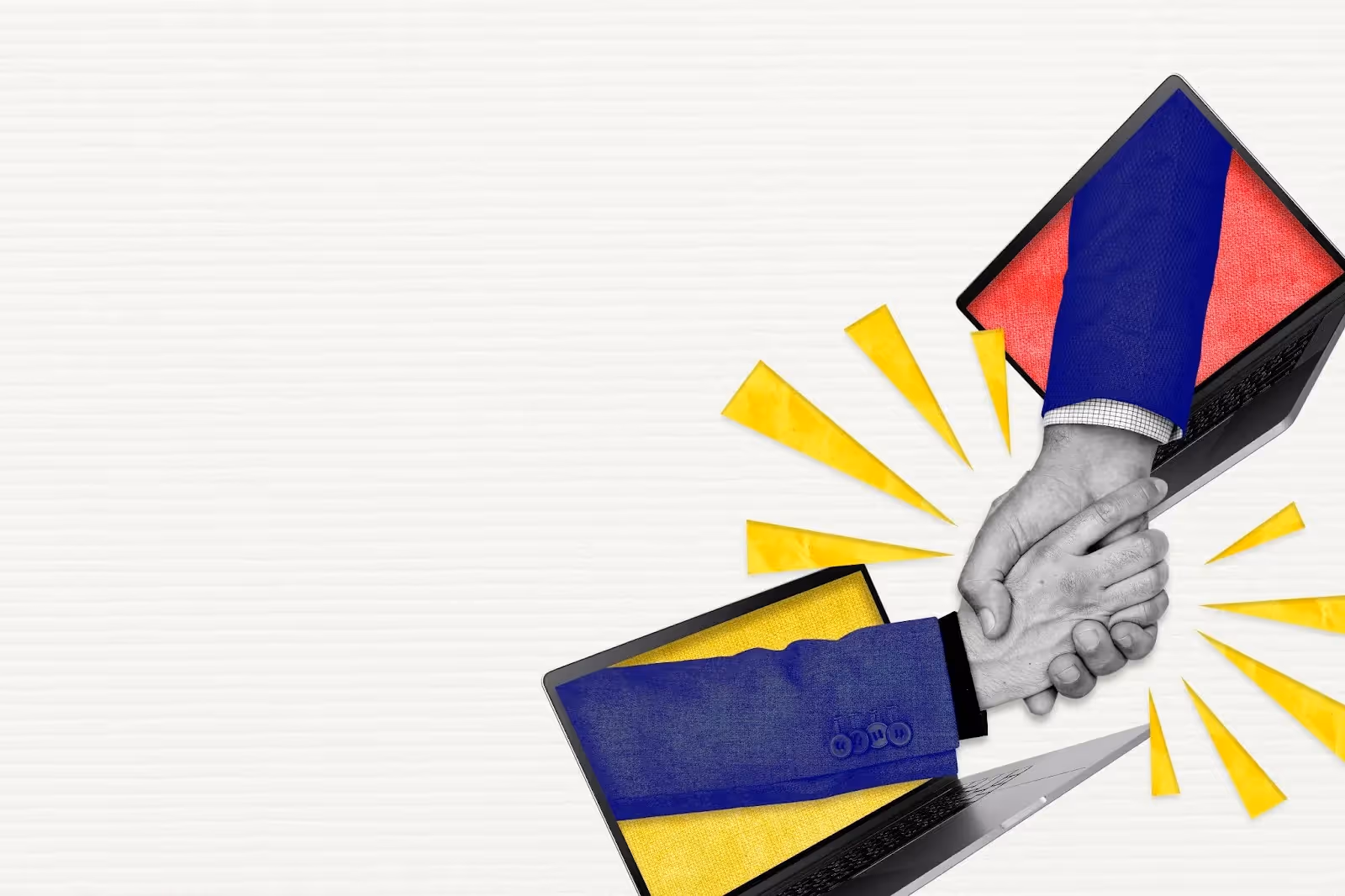  Two hands shaking through laptop screens, representing a digital referral partnership and collaboration