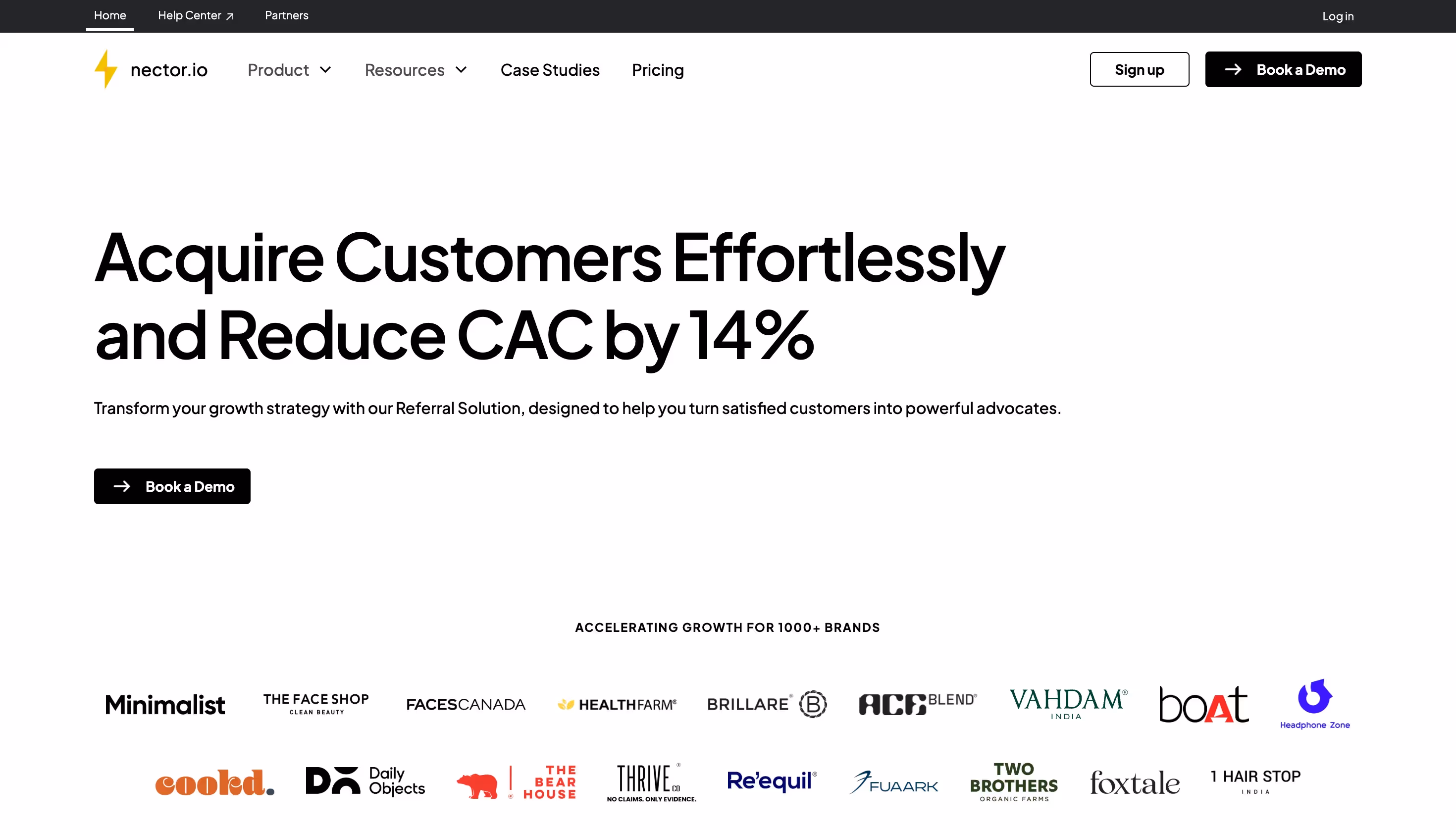 Nector.io homepage highlighting referral solution to reduce customer acquisition cost by 14% with client brand logos"