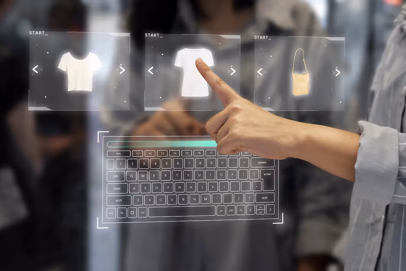 User interacting with AI-powered virtual shopping interface featuring clothing selection and digital keyboard"